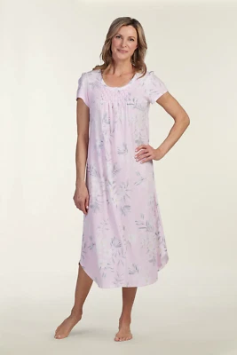 New $59 Miss Elaine Pink/Gray Flowers Cap Sleeves 46" Long Ballet Nightgown Sz L - Image 1 of 4