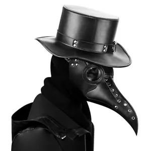 Black Leather Plague Doctor Mask Halloween Costume Bird Long Nose Beak Steampunk - Picture 1 of 6