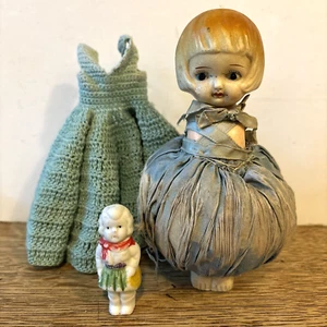 Antike Biskuit-Nadelkissenpuppe um 1900 6 Zoll plus Häkelkleid und Frozen Charlotte - Bild 1 von 13