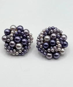 Vintage purple Japan faux pearl cluster clip on earrings - Picture 1 of 4