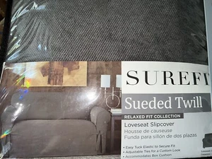 Sure Fit Sueded Twill Gray Loveseat Slipcover Gray Relaxed Fit Accom Box Cushion - Picture 1 of 5