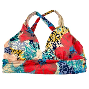 Athleta A-C Longline Plunge Floral Printed Bikini Top Sz M Bora Red Blue Yellow - Picture 1 of 8