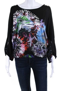 BCBGMAXAZRIA Womens Floral Round Neck Short Sleeve Blouse Top Multicolor Size M - Picture 1 of 6