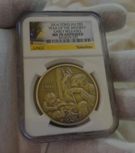 2016 TOKELAU S$5 YEAR OF THE MONKEY NGC MS 70 Antiqued Early Release Coin Graded - Picture 1 of 4