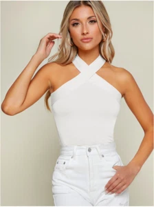 Top bianco incrociato elegante estivo slim fit con reggicalze taglia XS S M L - Foto 1 di 6