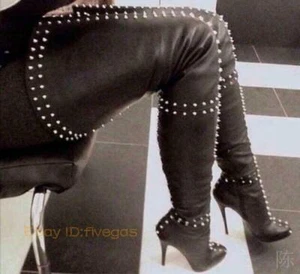 Ladies Studded Over The Knee Thigh Boot High Heel Motor Stiletto Spikes shoe New - Picture 1 of 3