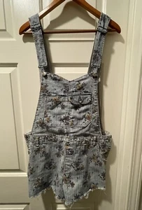 Free People Shortalls Romper Women's Denim Jean Striped Floral Fray Hem Sz W 12 - Picture 1 of 19