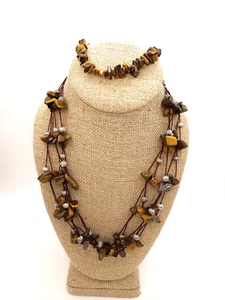 Vintage Avon 3 Strand Tiger's Eye Necklace with Matching Unmarked Bracelet - Picture 1 of 21