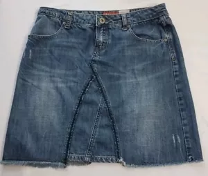 Vintage 90s Y2K Mudd Denim Jean Mini Skirt Size 11 Raw Hem Fading Blue - Picture 1 of 7
