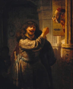 Rembrandt - Sansón amenaza a su padre Giclee impresión de bellas artes sobre lienzo 36" - Imagen 1 de 1