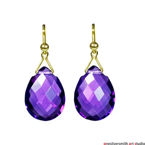 NEW . Solid 18k 14k Pure Gold Wishbone-Bail African Amethyst Gemstone Earrings - Picture 1 of 12