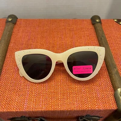 NWT Betsey Johnson White Jeweled w/ Pink & Purple Sides Cat eye Sunglasses Gift - Image 1 of 4