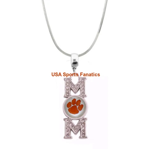 Clemson Tigers MOM Necklace With Rhinestones On A 925 SS Snake Chain Cover