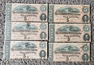 Consecutive sequentially numb. Confederate 1864 $5 $5.00 T-69 H notes bills lot - Picture 1 of 2