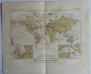 KARTE GRAVUR TELEGRAPHISCHES NETZWERK DER ERDKUGEL Physik 19. Jh. - Bild 1 von 2