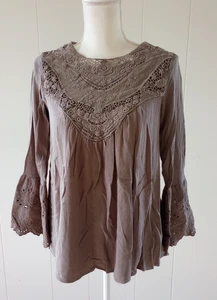 Boho Shirt Top Womens Small Lace Fairy Gypsy Romantic Brown Taupe Bell Sleeve - Picture 1 of 13