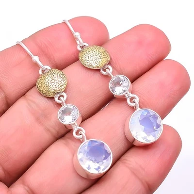 Milky Opal & White Topaz 925 Sterling Silver Two Tone Handmade Earring 2.15" E32 - Image 1 of 4