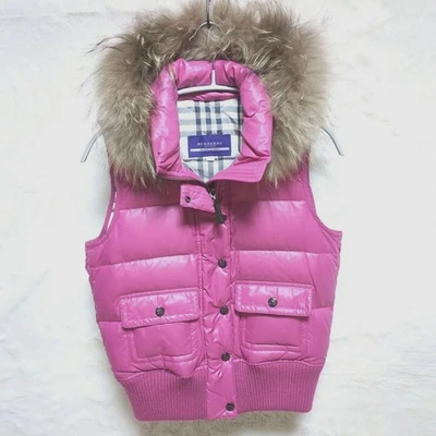BURBERRY BLUE LABEL Down Vest Raccoon Fur Hood Nova Check Pink M - image 1 of 4