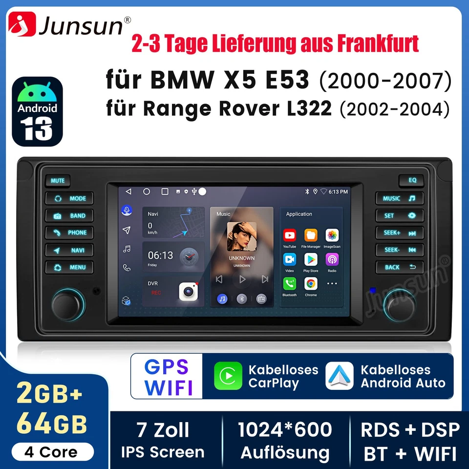 JUNSUN Octa Core 10 25" IPS Android 13 Autoradio BT LTE GPS Navi DSP für BMW E53