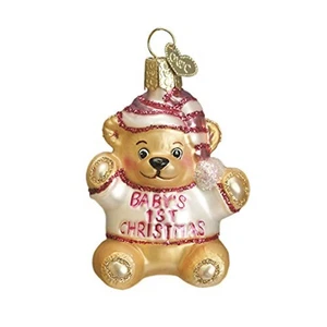 Alte Welt Weihnachten Baby Mädchen erster Teddybär Glas mundgeblasen Ornament GRATIS BOX - Bild 1 von 3