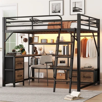 Queen Metal Loft Bed with Desk,4-Layer Shelves,Wardrobe,Drawers,LED Light-Black - Image 1 of 4
