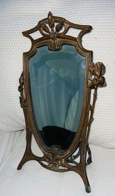 Antique Wrought Iron Art Nouveau Gilt Ornate Vanity Mirror Bronze Rose 16" H - Image 1 of 4