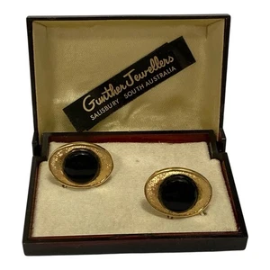 Vintage Oval Gold Tone Cufflinks Black Centre Gunther Jewellers Presentation Box - Picture 1 of 13
