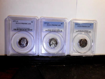 1973-S, 1974-S, 1975-S PCGS PR69DCAM Jefferson Nickel Set! PCGS List $61 - Image 1 of 2