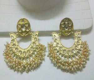 Indian Kundan Earrings Chand Bali Style Gold Plated White Pearl Bridal Jewellery - Picture 1 of 4