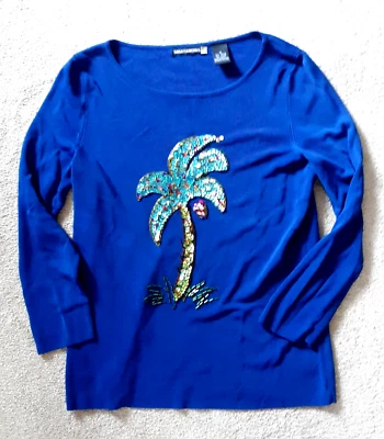 TOP MANGA 3/4 TALLA MEDIANA CUENTAS DETALLES PUNTO ELÁSTICO AZUL MUJER VINTAGE Foto 1 de 4