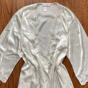 Vintage Oscar de la Renta Pink Label Morgenmantel Satin lang Blumen Spitze 90er Y2K Ivory - Bild 1 von 12