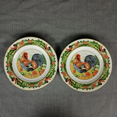 Department 56 Rooster Salad Plates Bread Plate Gold Trim Country Farm Set of 2 - Image 1 of 4