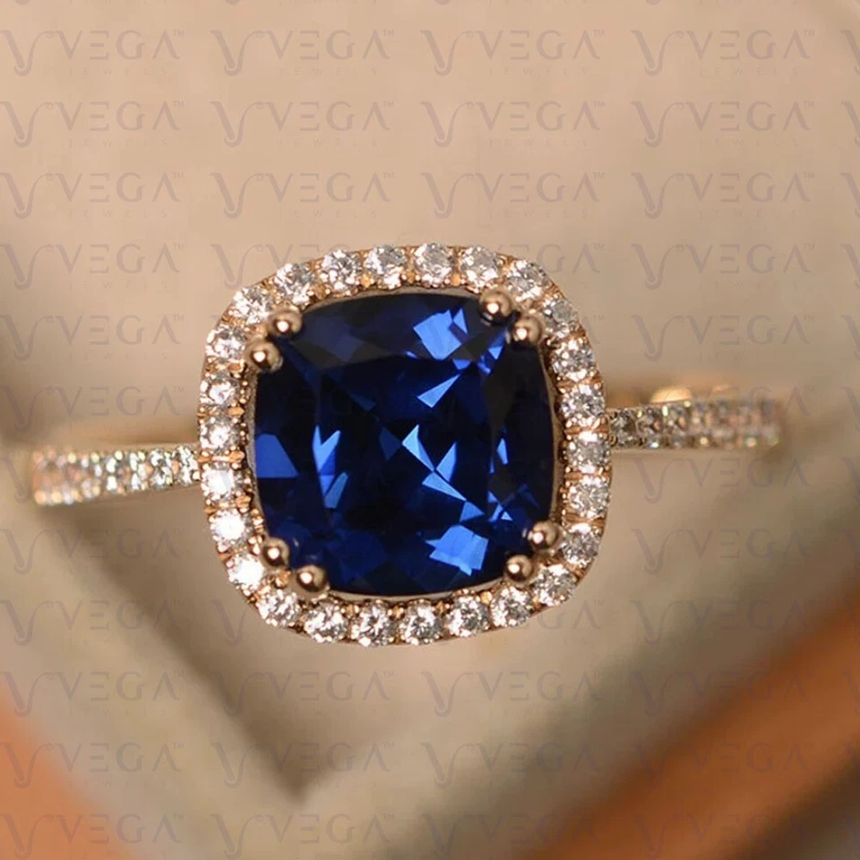 4.60Ct Cushion Natural Sapphire & Diamond Engagement Ring 18K Yellow Gold Plated - Image 1 of 4