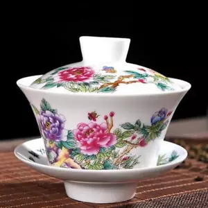 Chinese Porcelain Butterfly Love Flower Pattern Gaiwan Tea Set Covered Bowl - Picture 1 of 8
