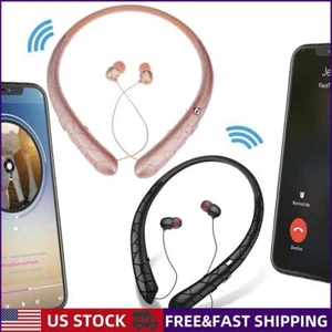 Sweatproof Neckband Headset Wireless Bluetooth Retractable Headphones Earbuds - Picture 1 of 18