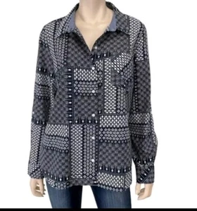 Tommy Hilfiger Shirt Women Large Blue White Patchwork Print Artsy - Picture 1 of 8