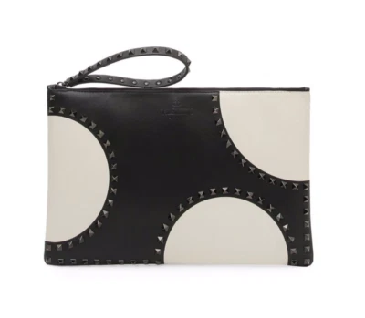 NWT VALENTINO GARAVANI Black & White Geo Rockstud Wristlet Leather Zip Clutch - Image 1 of 4