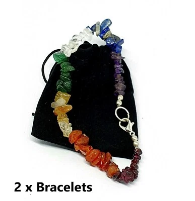 Pulseras de piedras preciosas de ansiedad de cristal de chakra x 2 - Brazalete de piedra premium Reiki y bolsa Foto 1 de 4