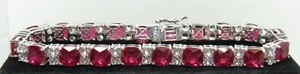 Sterling Silver 20 Cushion Ruby 40 White Sapphire 7.25" Tennis Bracelet 29TCW - Picture 1 of 12