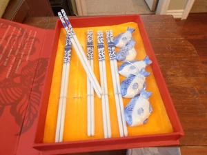 YH Yunhua Porcelain ? Chopsticks Reuseable 5 Pairs Bought in China 5 Fish Rest  - Picture 1 of 12
