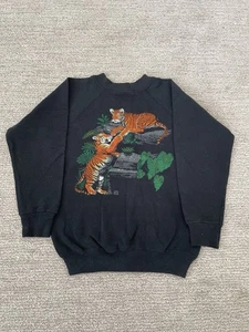 Vintage Tiger Grafik Tier Rundhalsausschnitt Sweat Kinder/Damen Gr. M schwarz Hergestellt in den USA 90er - Bild 1 von 7