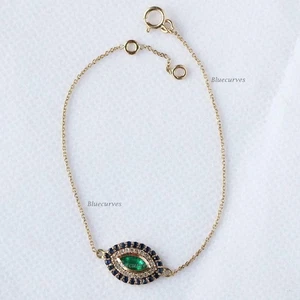 Marquise Cut  Emerald, Blue Sapphire &Diamond Evil Eye Chain Bracelet In14k Gold - Picture 1 of 12