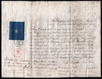 1858 Glasgow Freeman & Guild Brother Certificate - Burgess Ticket to Carpenter - Image 1 of 2
