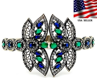 Brazalete de plata de ley 925 con esmeralda y zafiro tratados estilo Imperio Otomano de 5 quilates Foto 1 de 3