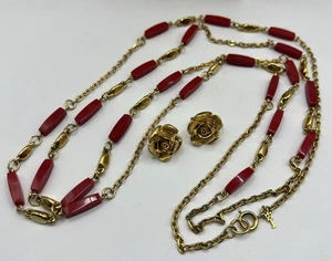 Set Vtg Crown Trifari Rose Flower Brushed Gold Earrings/ Gold Red Necklace LONG - Picture 1 of 14