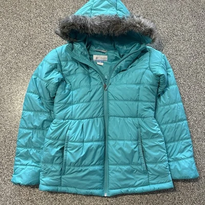 Columbia Puffer Chaqueta Niñas L 14/16 Abrigo de Nieve Aislado Piel Sintética Capucha Verde Foto 1 de 4