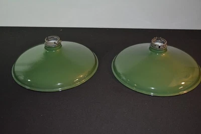 Antique Porcelain Enamel Industrial Ceiling Light Shades (2) Green 12" - Image 1 of 4