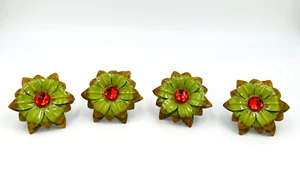 Pier 1 Green Metal Flower Napkin Rings With Red Jewel in the Middle Set of Four - Picture 1 of 7
