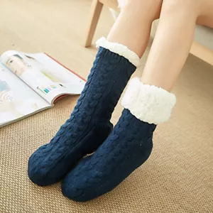 Womens Bed Slipper Fluffy Socks Fleece Non Slip Knitted Thick Warm Winter Khaki - Picture 1 of 18