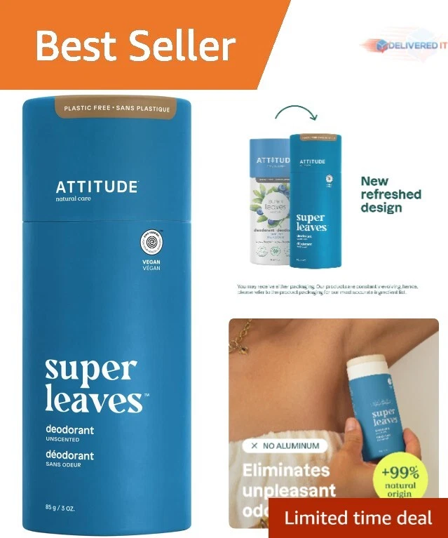 Attitude Natural Care Super Leaves Deodorant Unscented Vegan Hypoallergenic 3oz